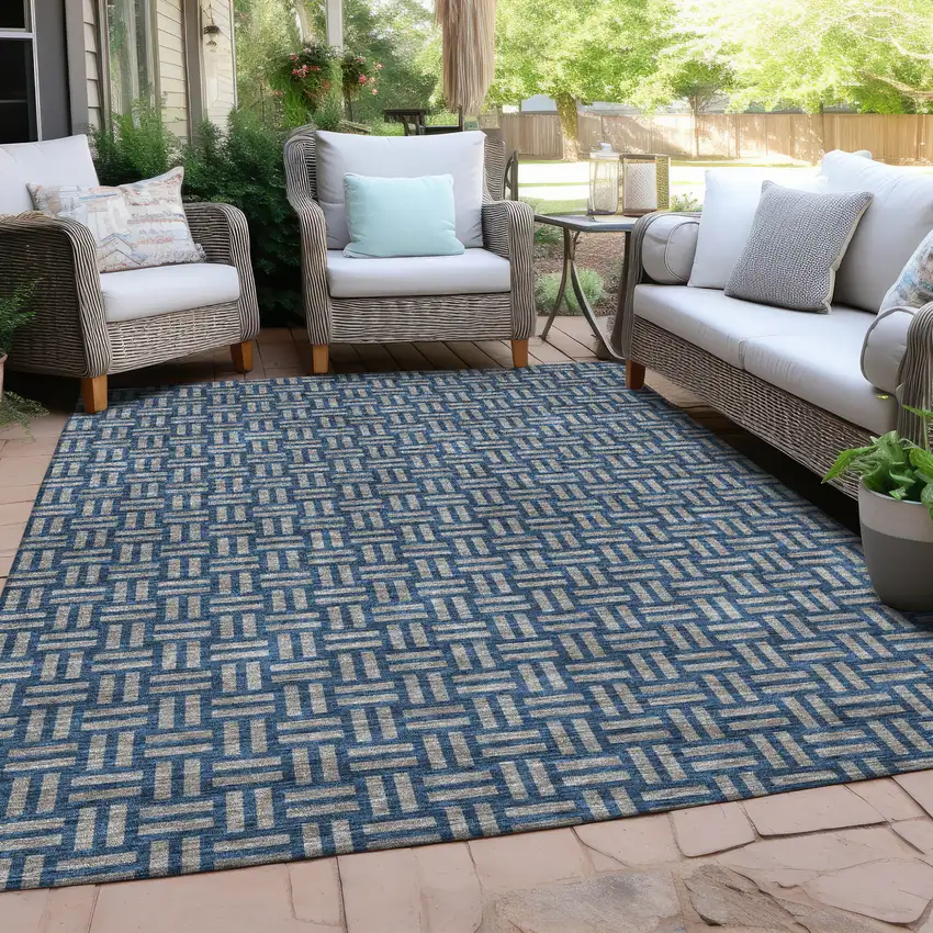 Blue And Gray Geometric Washable Indoor Outdoor Area Rug Photo 8
