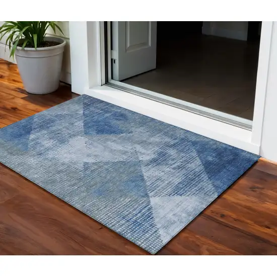 Blue And Gray Geometric Washable Indoor Outdoor Area Rug Photo 1