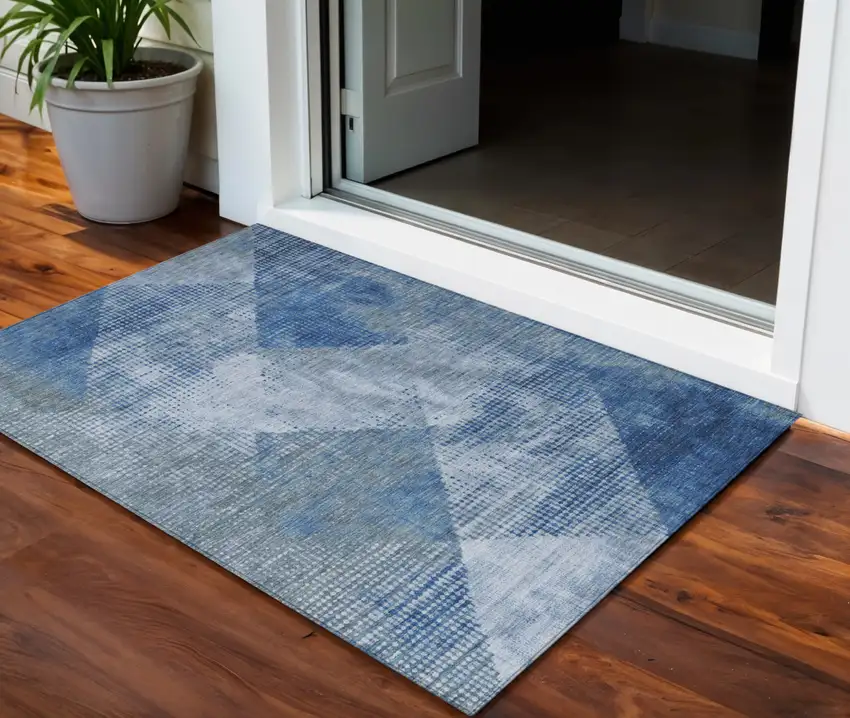 Blue And Gray Geometric Washable Indoor Outdoor Area Rug Photo 1