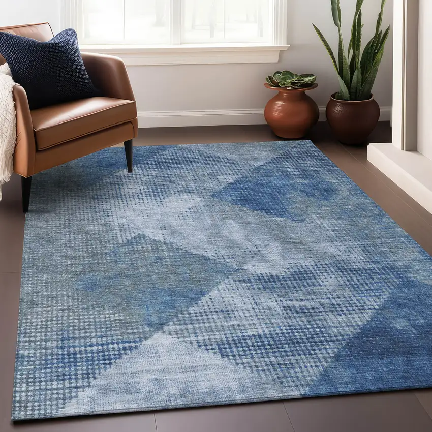 Blue And Gray Geometric Washable Indoor Outdoor Area Rug Photo 8