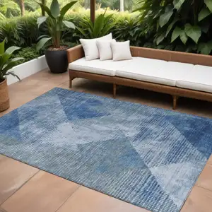 Photo of Blue And Gray Geometric Washable Indoor Outdoor Area Rug