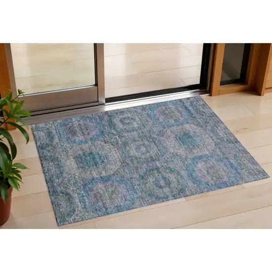 Blue And Gray Geometric Washable Indoor Outdoor Area Rug Photo 1