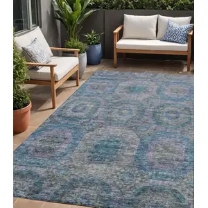 Photo of Blue And Gray Geometric Washable Indoor Outdoor Area Rug