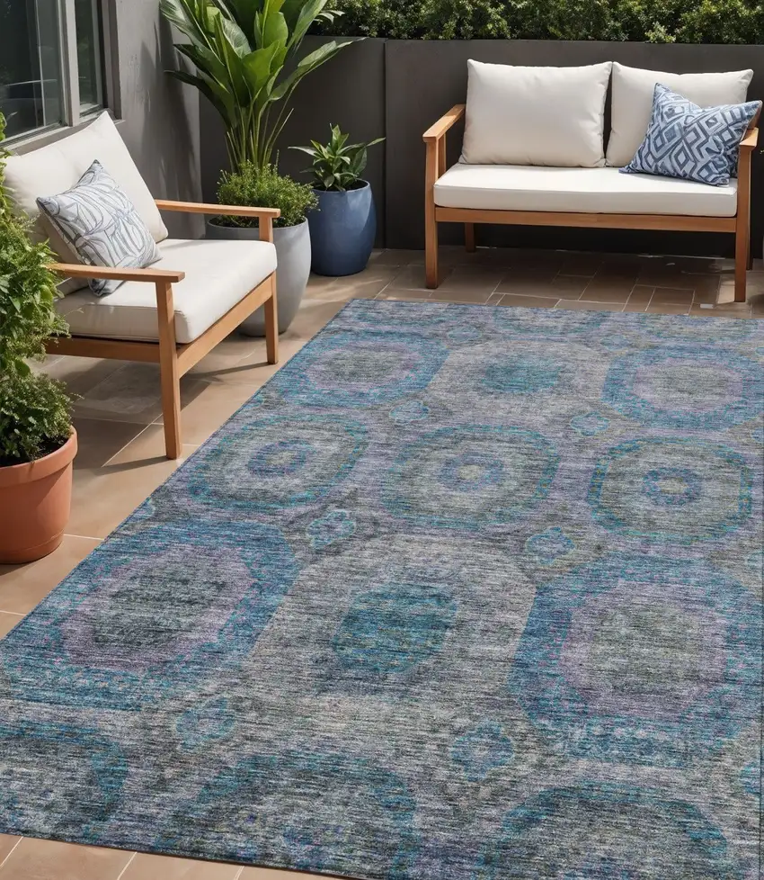 Blue And Gray Geometric Washable Indoor Outdoor Area Rug Photo 1