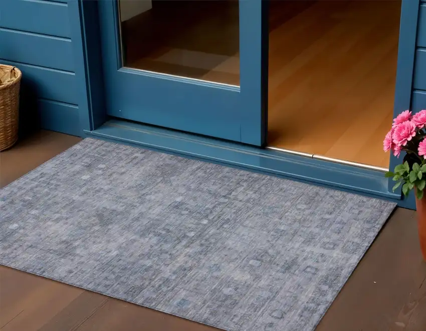 Blue And Gray Geometric Washable Indoor Outdoor Area Rug Photo 2