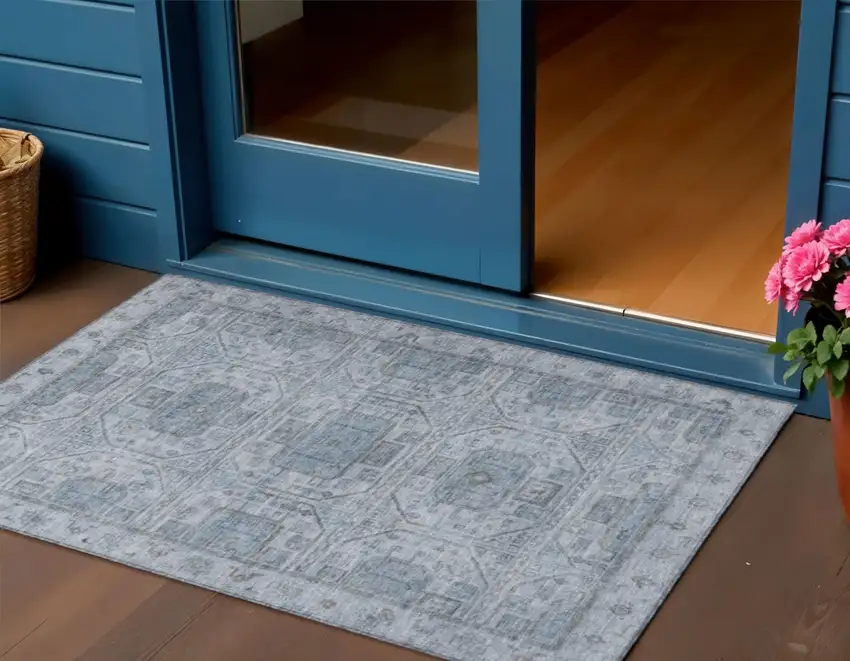 Blue And Gray Geometric Washable Indoor Outdoor Area Rug Photo 2