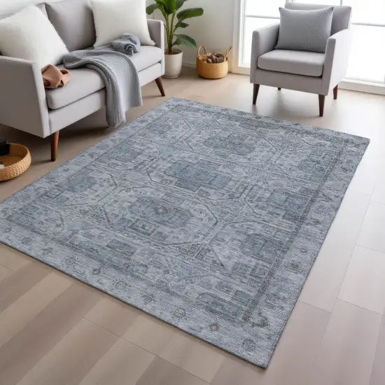 Blue And Gray Geometric Washable Indoor Outdoor Area Rug Photo 6