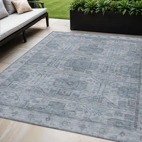 Blue And Gray Geometric Washable Indoor Outdoor Area Rug Photo 2