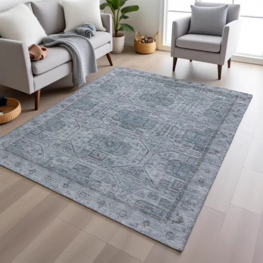 Blue And Gray Geometric Washable Indoor Outdoor Area Rug Photo 6