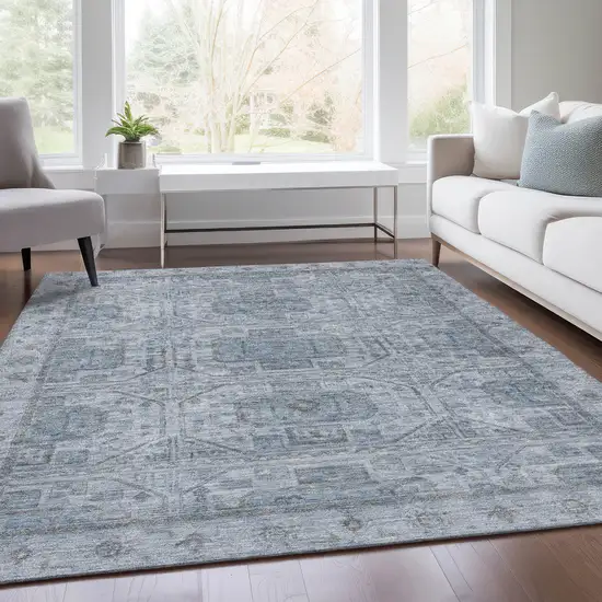 Blue And Gray Geometric Washable Indoor Outdoor Area Rug Photo 7