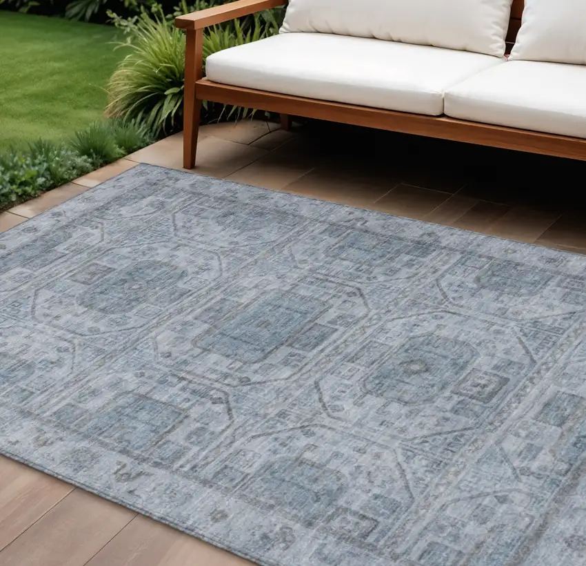 Blue And Gray Geometric Washable Indoor Outdoor Area Rug Photo 2