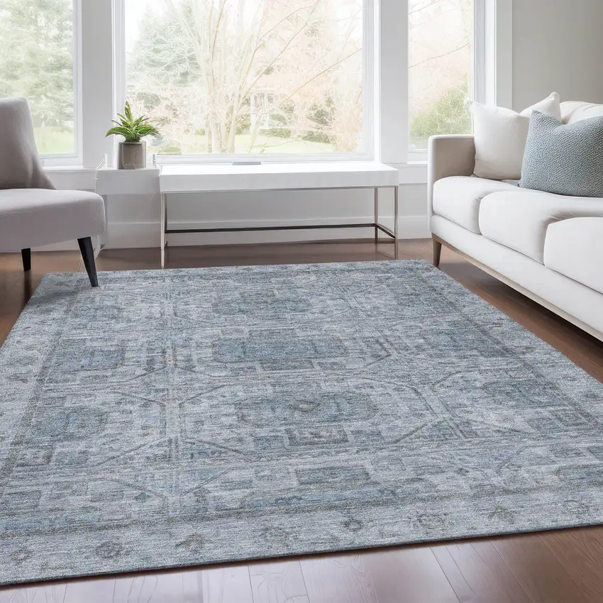 Blue And Gray Geometric Washable Indoor Outdoor Area Rug Photo 7