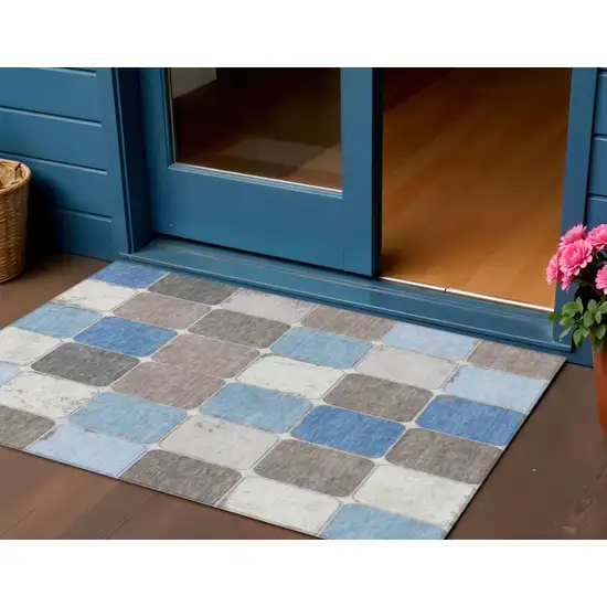 Blue And Gray Geometric Washable Indoor Outdoor Area Rug Photo 2