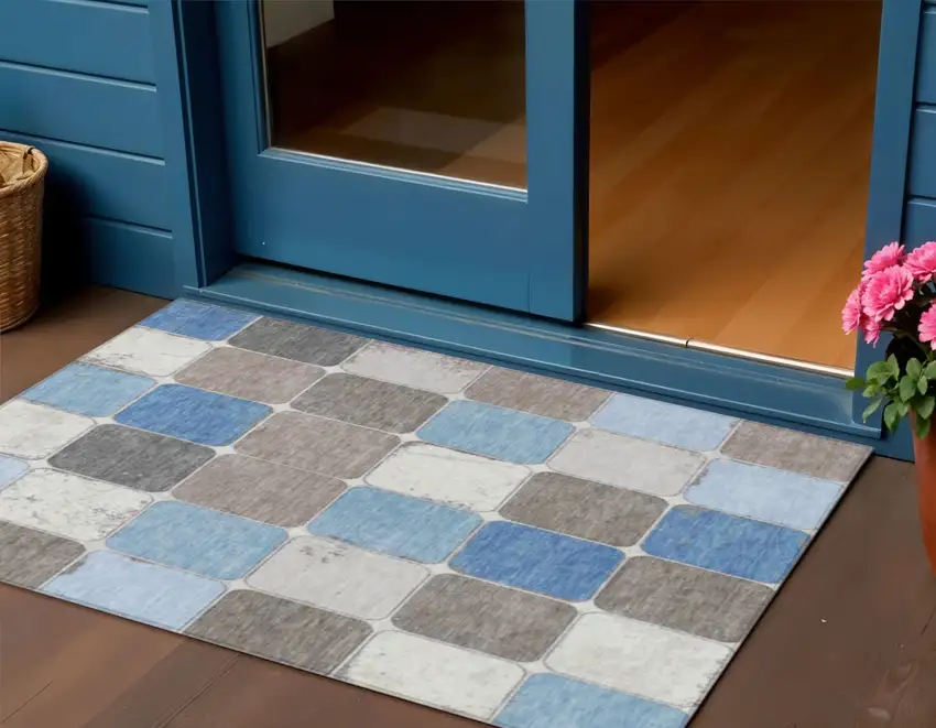 Blue And Gray Geometric Washable Indoor Outdoor Area Rug Photo 2
