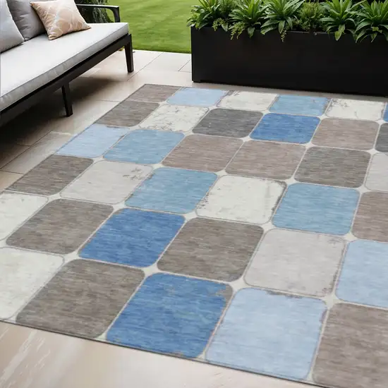 Blue And Gray Geometric Washable Indoor Outdoor Area Rug Photo 2