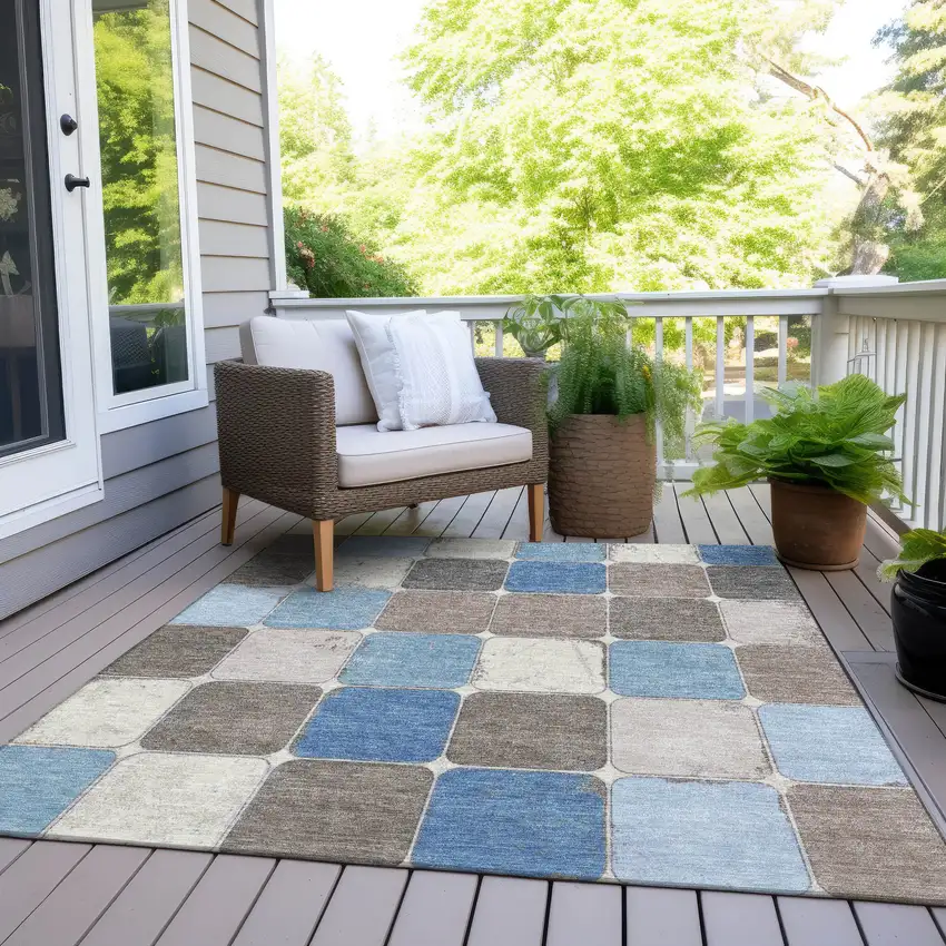 Blue And Gray Geometric Washable Indoor Outdoor Area Rug Photo 9