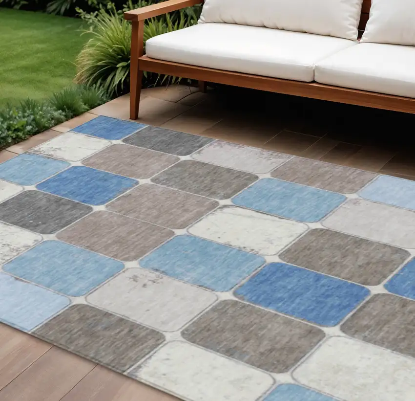 Blue And Gray Geometric Washable Indoor Outdoor Area Rug Photo 2