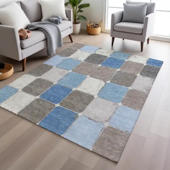 Blue And Gray Geometric Washable Indoor Outdoor Area Rug Photo 7