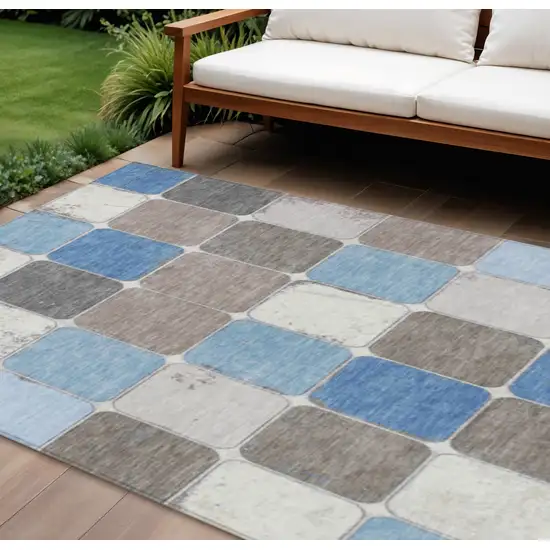 Blue And Gray Geometric Washable Indoor Outdoor Area Rug Photo 2