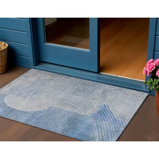 Blue And Gray Geometric Washable Indoor Outdoor Area Rug Photo 2