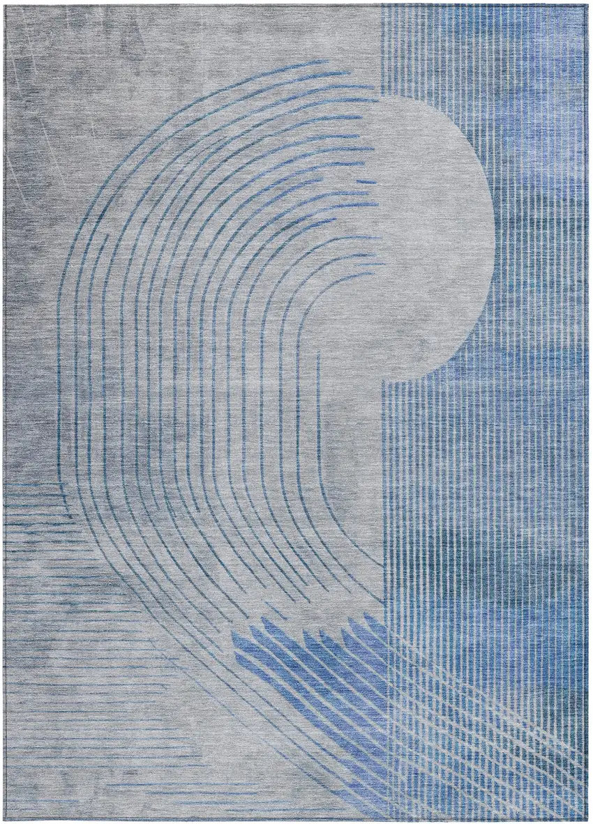Blue And Gray Geometric Washable Indoor Outdoor Area Rug Photo 9