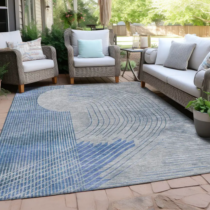 Blue And Gray Geometric Washable Indoor Outdoor Area Rug Photo 5