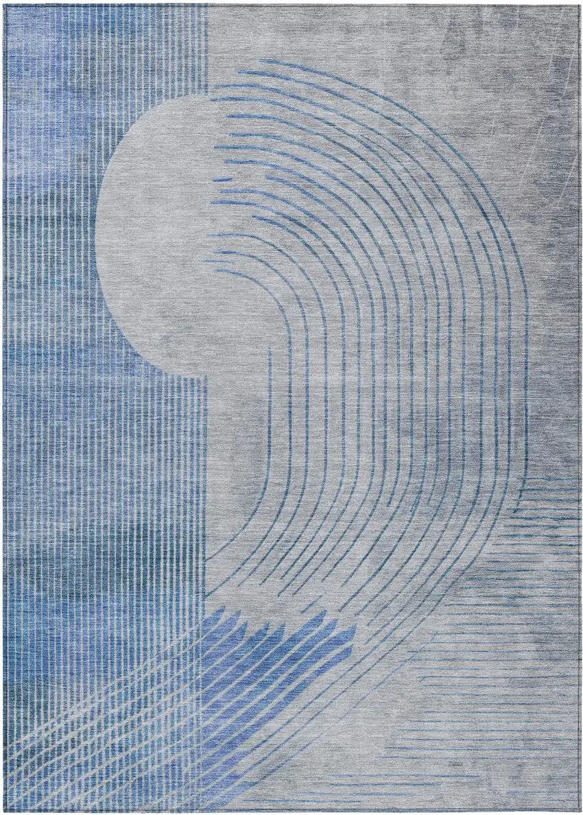 Blue And Gray Geometric Washable Indoor Outdoor Area Rug Photo 1