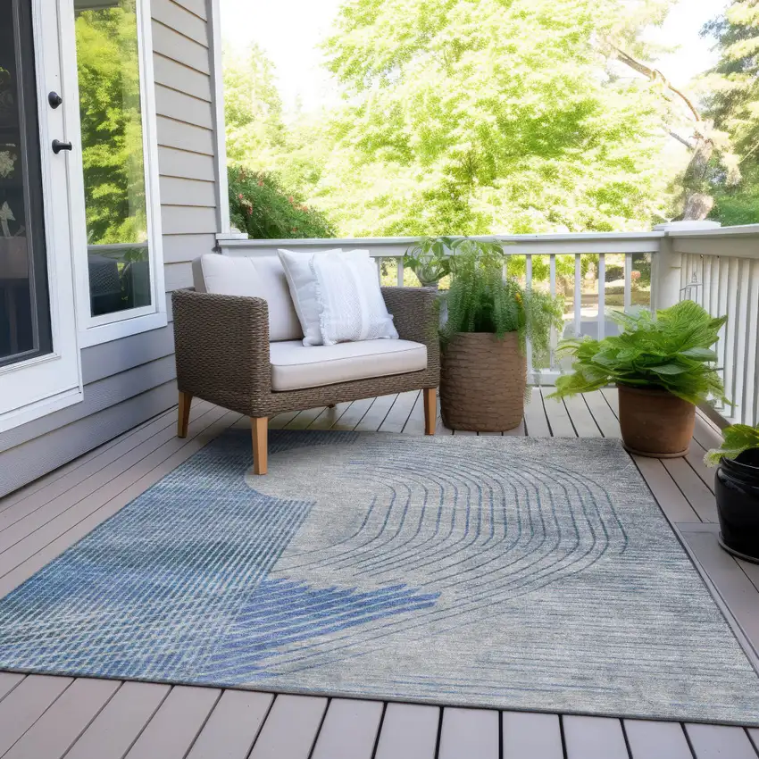 Blue And Gray Geometric Washable Indoor Outdoor Area Rug Photo 8