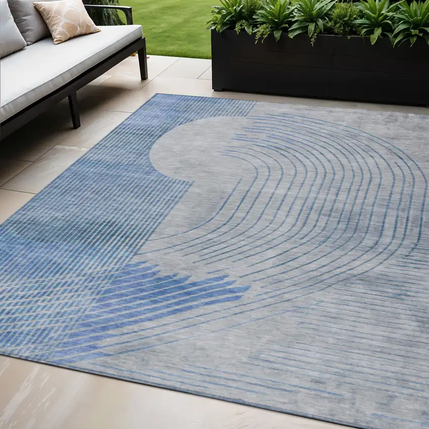 Blue And Gray Geometric Washable Indoor Outdoor Area Rug Photo 2