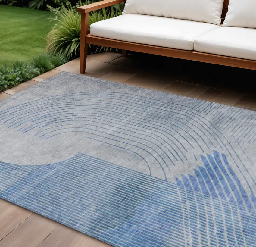 Blue And Gray Geometric Washable Indoor Outdoor Area Rug Photo 2
