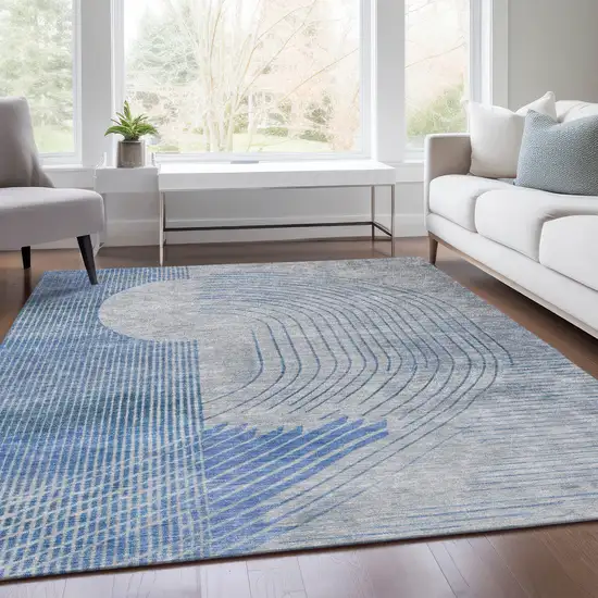 Blue And Gray Geometric Washable Indoor Outdoor Area Rug Photo 7