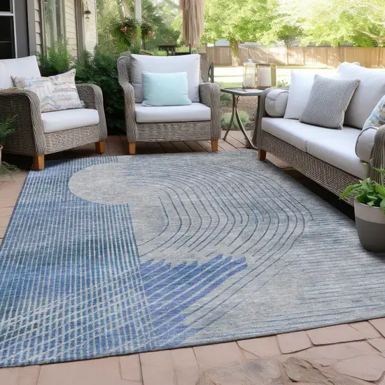 Blue And Gray Geometric Washable Indoor Outdoor Area Rug Photo 5