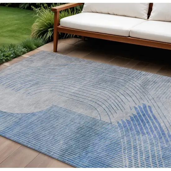 Blue And Gray Geometric Washable Indoor Outdoor Area Rug Photo 2