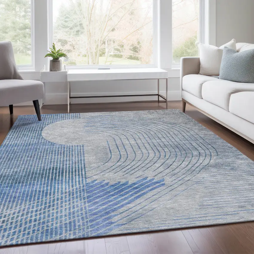 Blue And Gray Geometric Washable Indoor Outdoor Area Rug Photo 7
