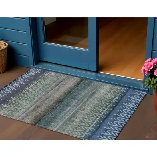 Blue And Gray Geometric Washable Indoor Outdoor Area Rug Photo 2