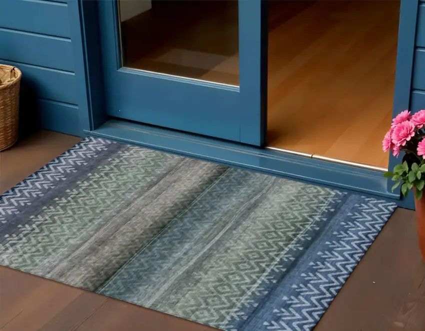 Blue And Gray Geometric Washable Indoor Outdoor Area Rug Photo 2
