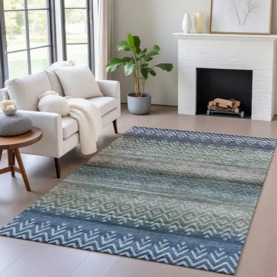 Blue And Gray Geometric Washable Indoor Outdoor Area Rug Photo 5