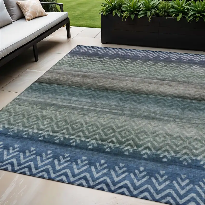 Blue And Gray Geometric Washable Indoor Outdoor Area Rug Photo 2