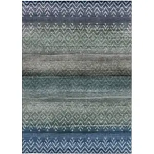 Photo of Blue And Gray Geometric Washable Indoor Outdoor Area Rug
