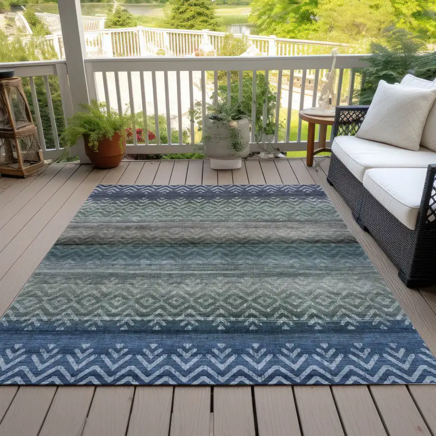 Blue And Gray Geometric Washable Indoor Outdoor Area Rug Photo 8