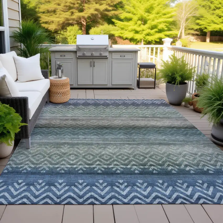 Blue And Gray Geometric Washable Indoor Outdoor Area Rug Photo 5