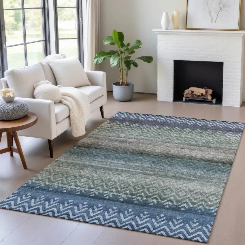 Blue And Gray Geometric Washable Indoor Outdoor Area Rug Photo 6