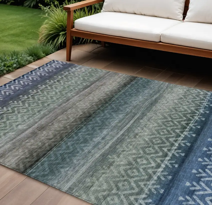 Blue And Gray Geometric Washable Indoor Outdoor Area Rug Photo 2