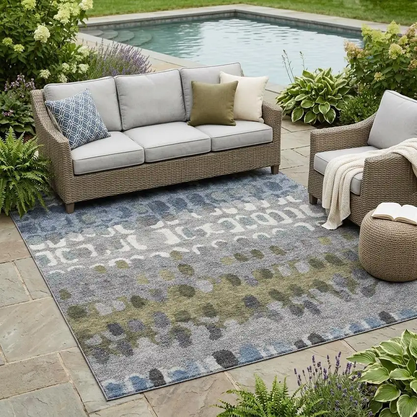 Blue And Gray Geometric Washable Indoor Outdoor Area Rug Photo 1