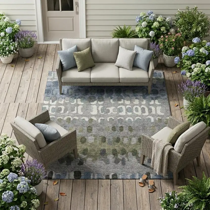 Blue And Gray Geometric Washable Indoor Outdoor Area Rug Photo 1