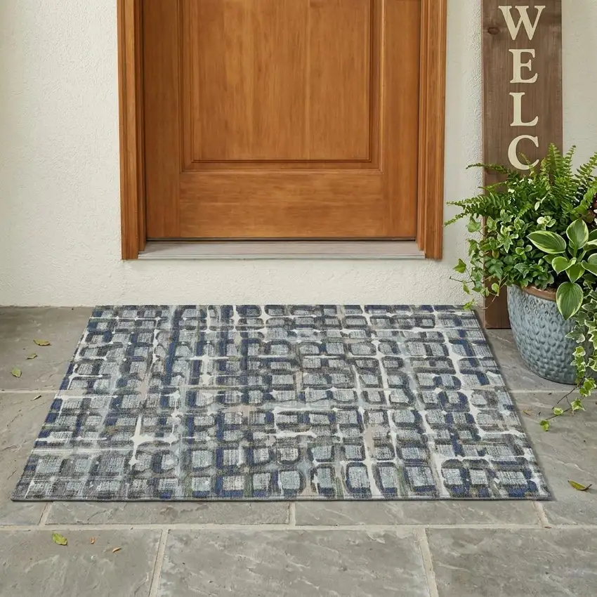 Blue And Gray Geometric Washable Indoor Outdoor Area Rug Photo 1