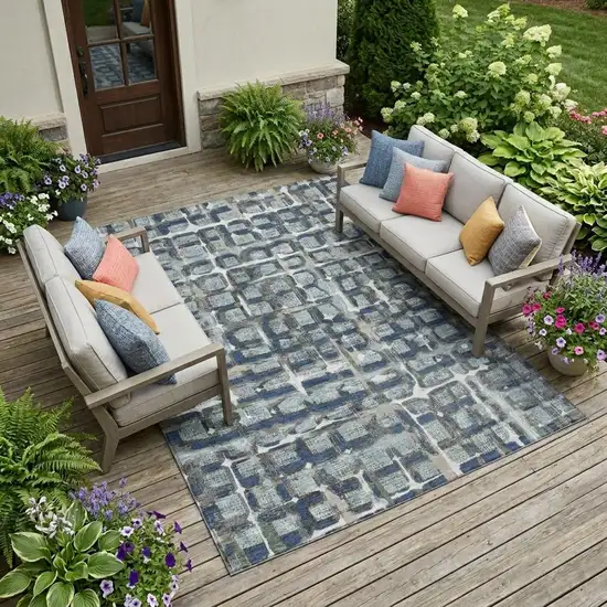 Blue And Gray Geometric Washable Indoor Outdoor Area Rug Photo 1
