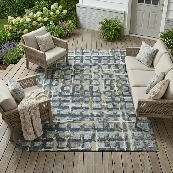 Blue And Gray Geometric Washable Indoor Outdoor Area Rug Photo 1