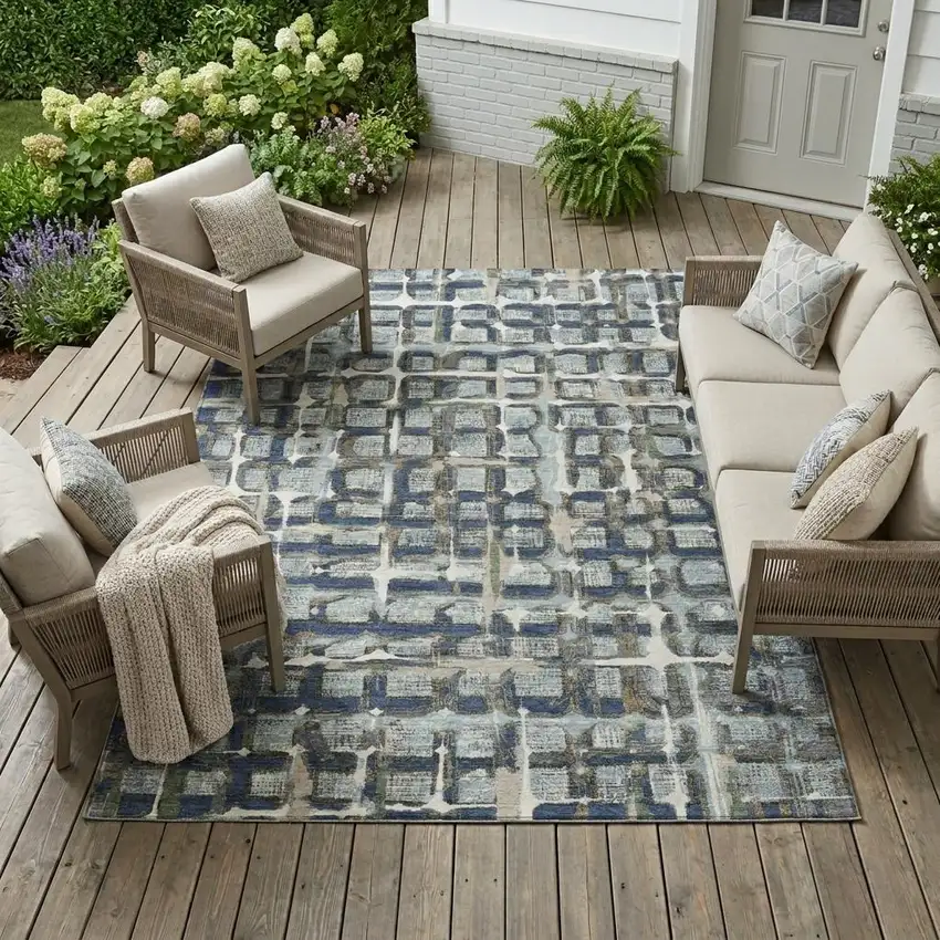 Blue And Gray Geometric Washable Indoor Outdoor Area Rug Photo 1