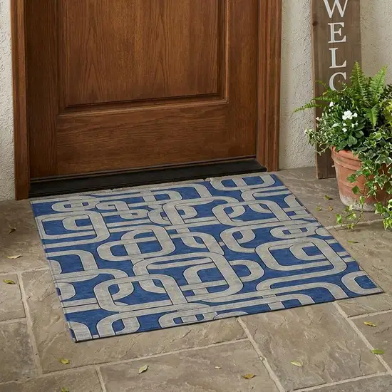 Blue And Gray Geometric Washable Indoor Outdoor Area Rug Photo 1